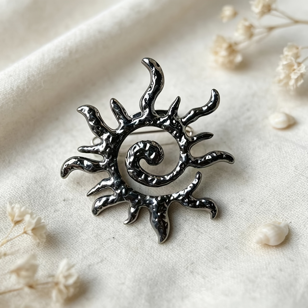 Retro Spiral Sun Brooch, Irregular Hammered Metal Pin